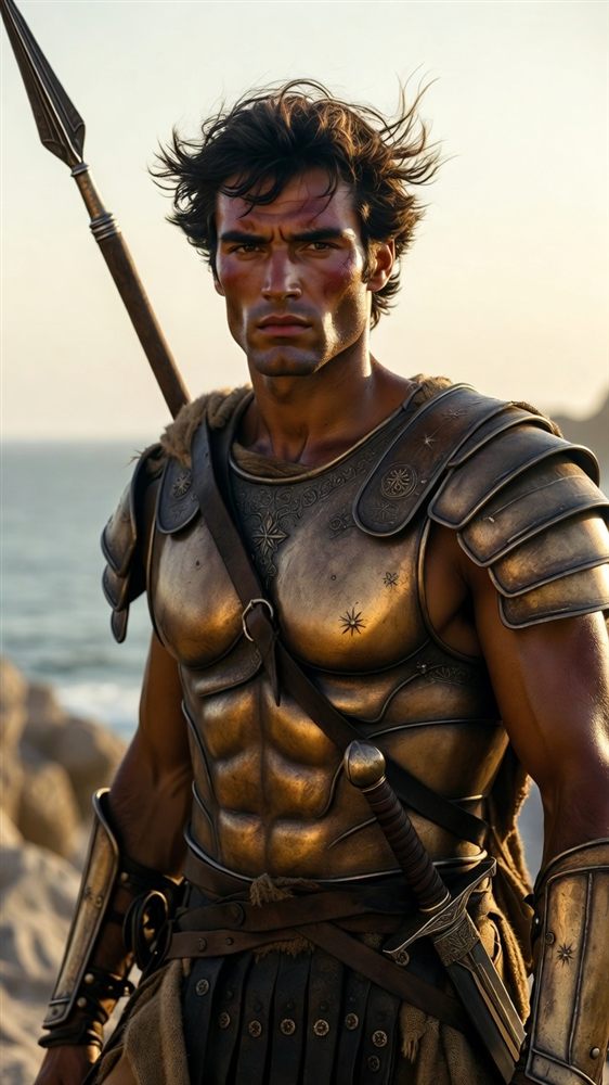 Antipas the Myrmidon — dark-haired warrior in star-embossed bronze armor with a spear, on a bronze-age coastline