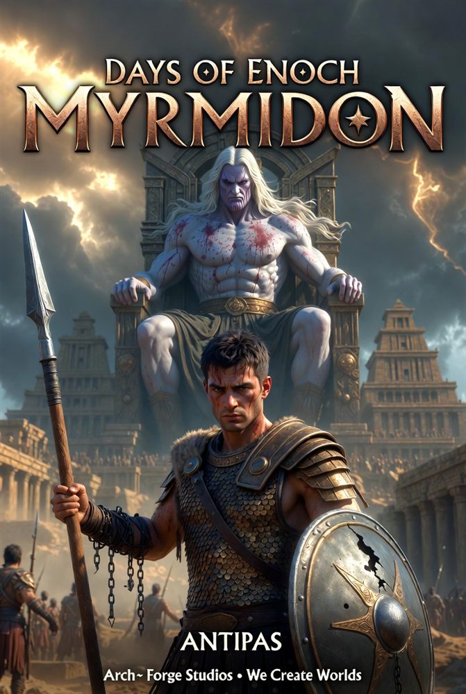 Days of Enoch: Myrmidon — Chainbreaker book cover — Antipas, the freed galley slave, standing in armor with spear and broken shield before the enthroned Nephilim, ziggurats and lightning behind.