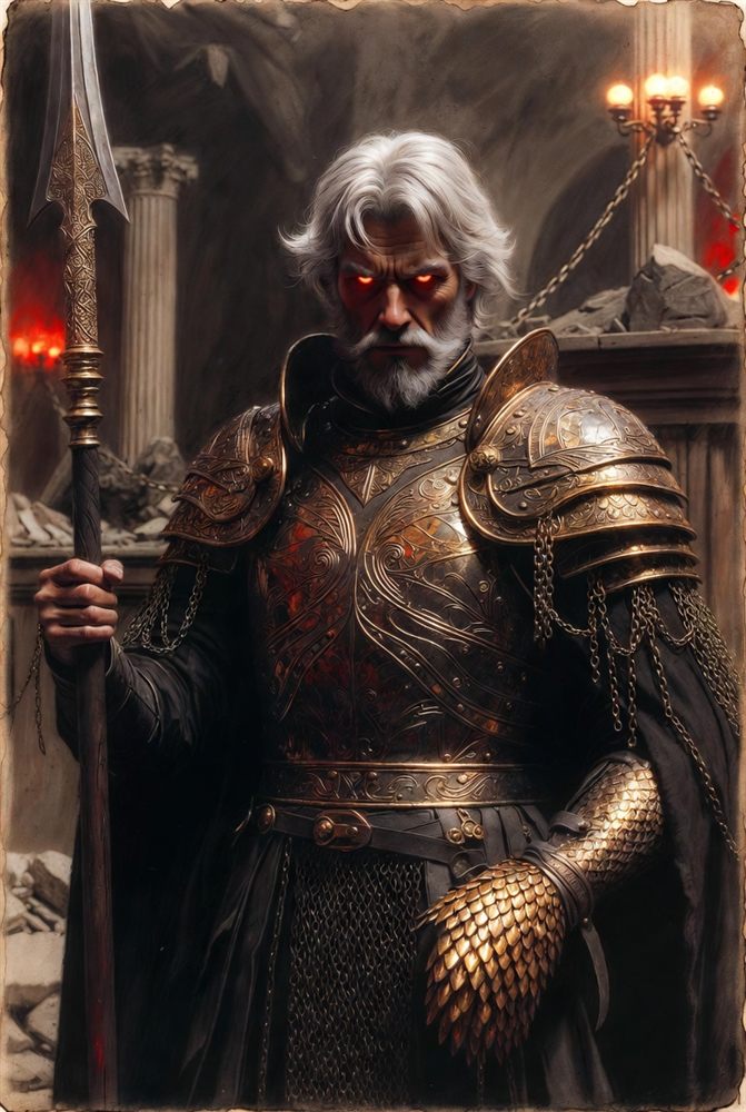 Dikaios the Stern — grim white-haired warrior with red eyes in ornate bronze armor holding a spear