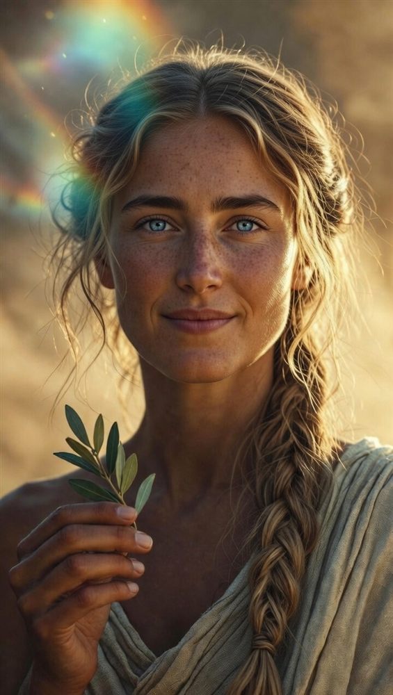 Eirene the Huntress — fair freckled woman with a long braid holding an olive sprig, a rainbow of light behind her