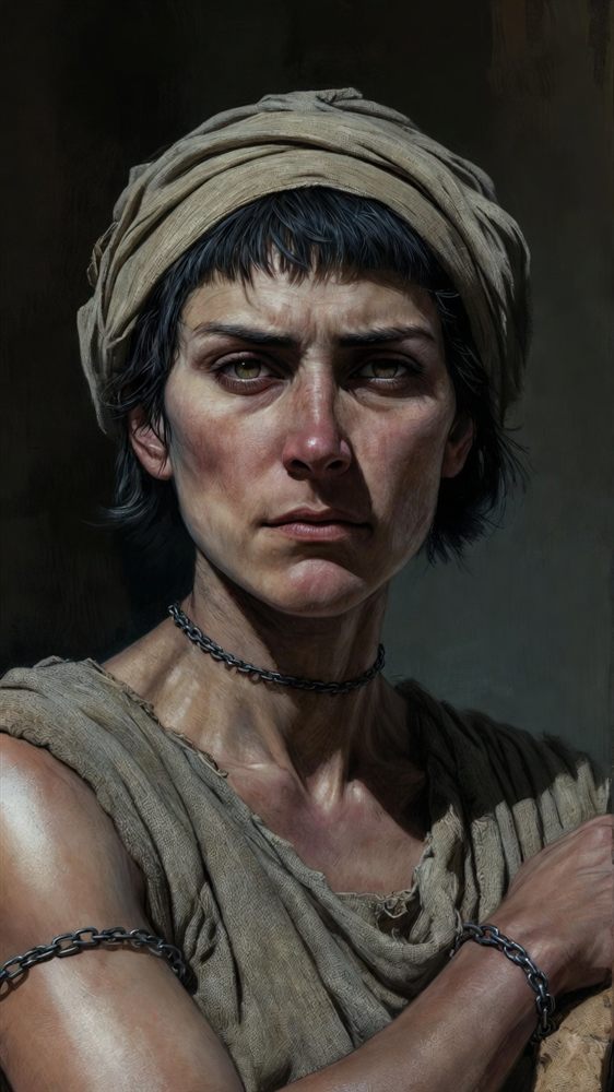 Sophyrsene the Shield-Maiden — dark-haired woman in a headwrap with broken slave chains at her wrists and throat